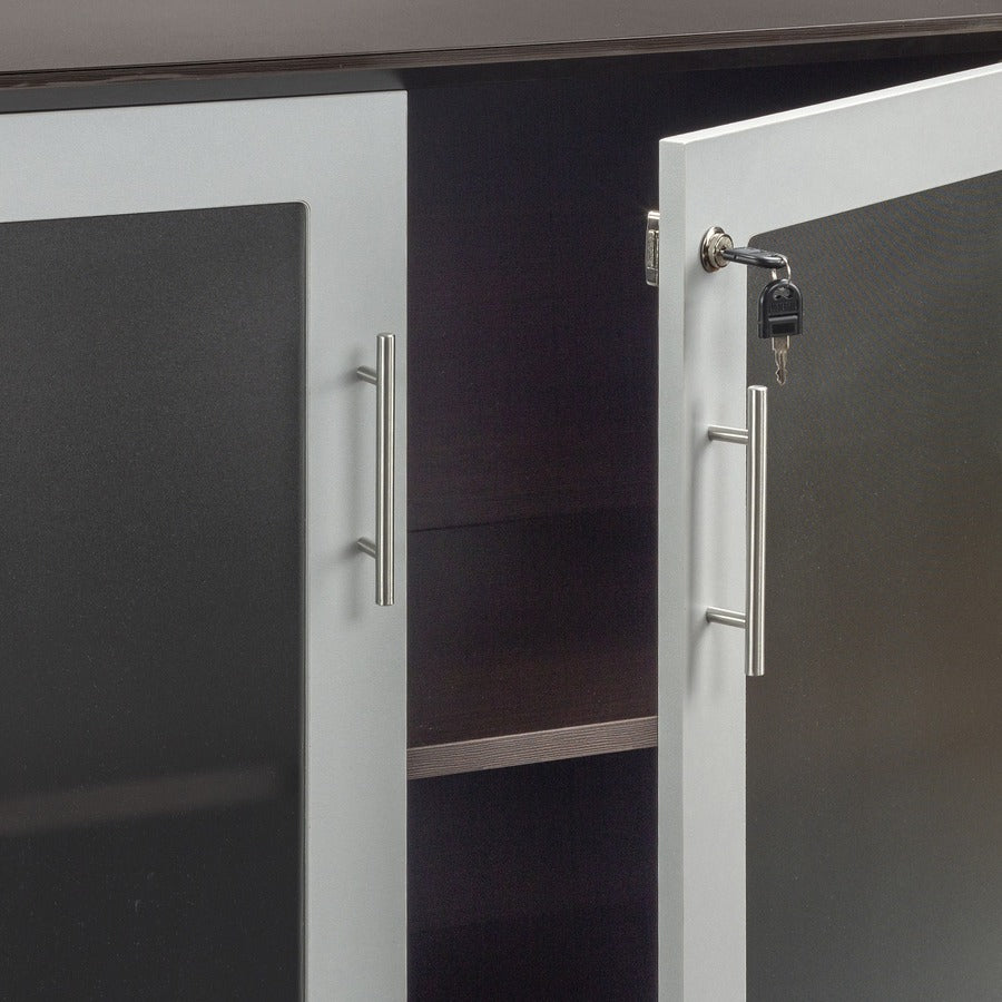 Safco Medina Mocha Laminate Office Unit - 1" Work Surface, 72" x 20"29.5" Return, 0" Table Top, 17.9"1" x 26.4" Door - 4 Door(s) - 4 Shelve(s) - 4 Adjustable Shelf(ves) - Beveled Edge - Material: Medium Density Fiberboard (MDF) - Finish: Mocha Lamina