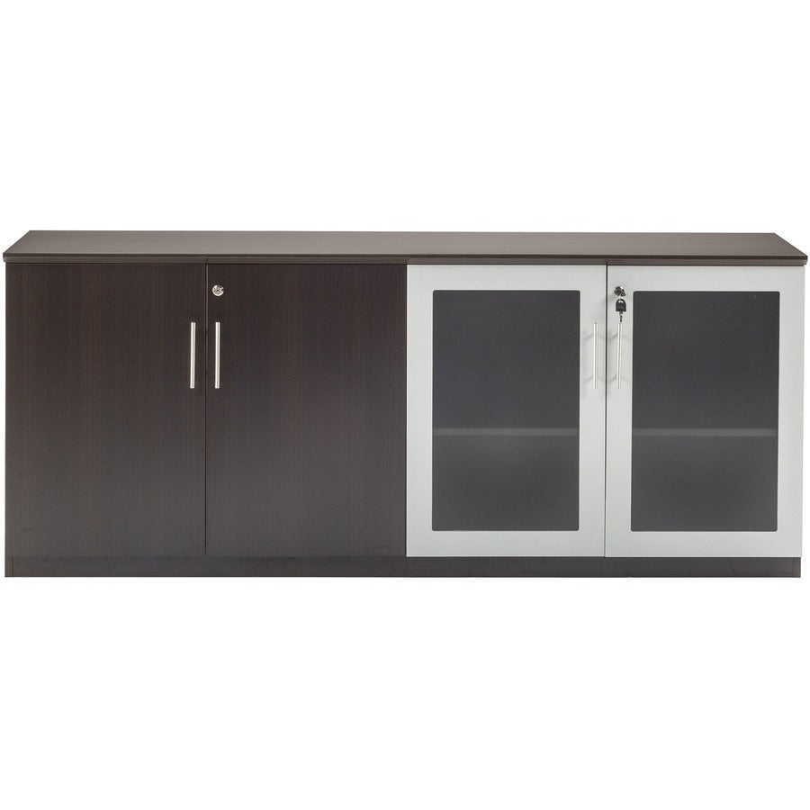 Safco Medina Mocha Laminate Office Unit - 1" Work Surface, 72" x 20"29.5" Return, 0" Table Top, 17.9"1" x 26.4" Door - 4 Door(s) - 4 Shelve(s) - 4 Adjustable Shelf(ves) - Beveled Edge - Material: Medium Density Fiberboard (MDF) - Finish: Mocha Lamina