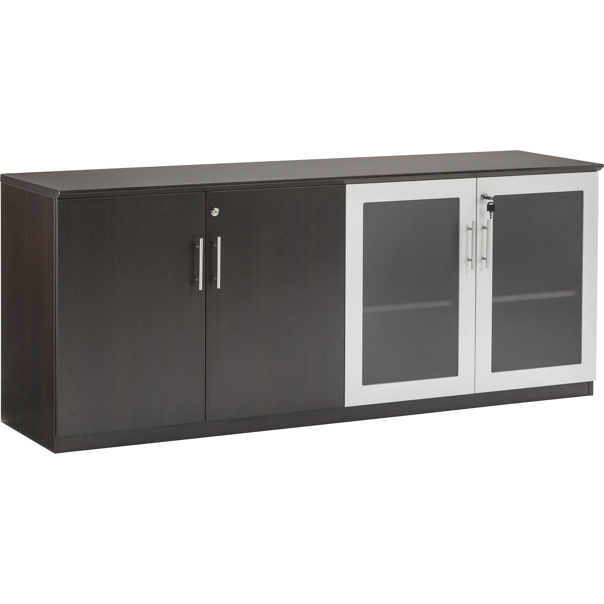 Safco Medina Mocha Laminate Office Unit - 1" Work Surface, 72" x 20"29.5" Return, 0" Table Top, 17.9"1" x 26.4" Door - 4 Door(s) - 4 Shelve(s) - 4 Adjustable Shelf(ves) - Beveled Edge - Material: Medium Density Fiberboard (MDF) - Finish: Mocha Lamina