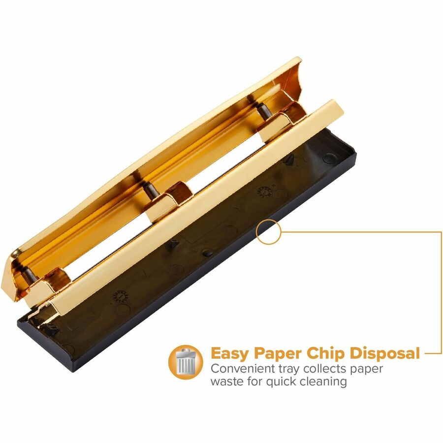 Bostitch 3-hole Punch - 3 Punch Head(s) - 12 Sheet - 9/32" Punch Size - Metal, Rubber - 2.5" x 10.6" - Yellow, Gold