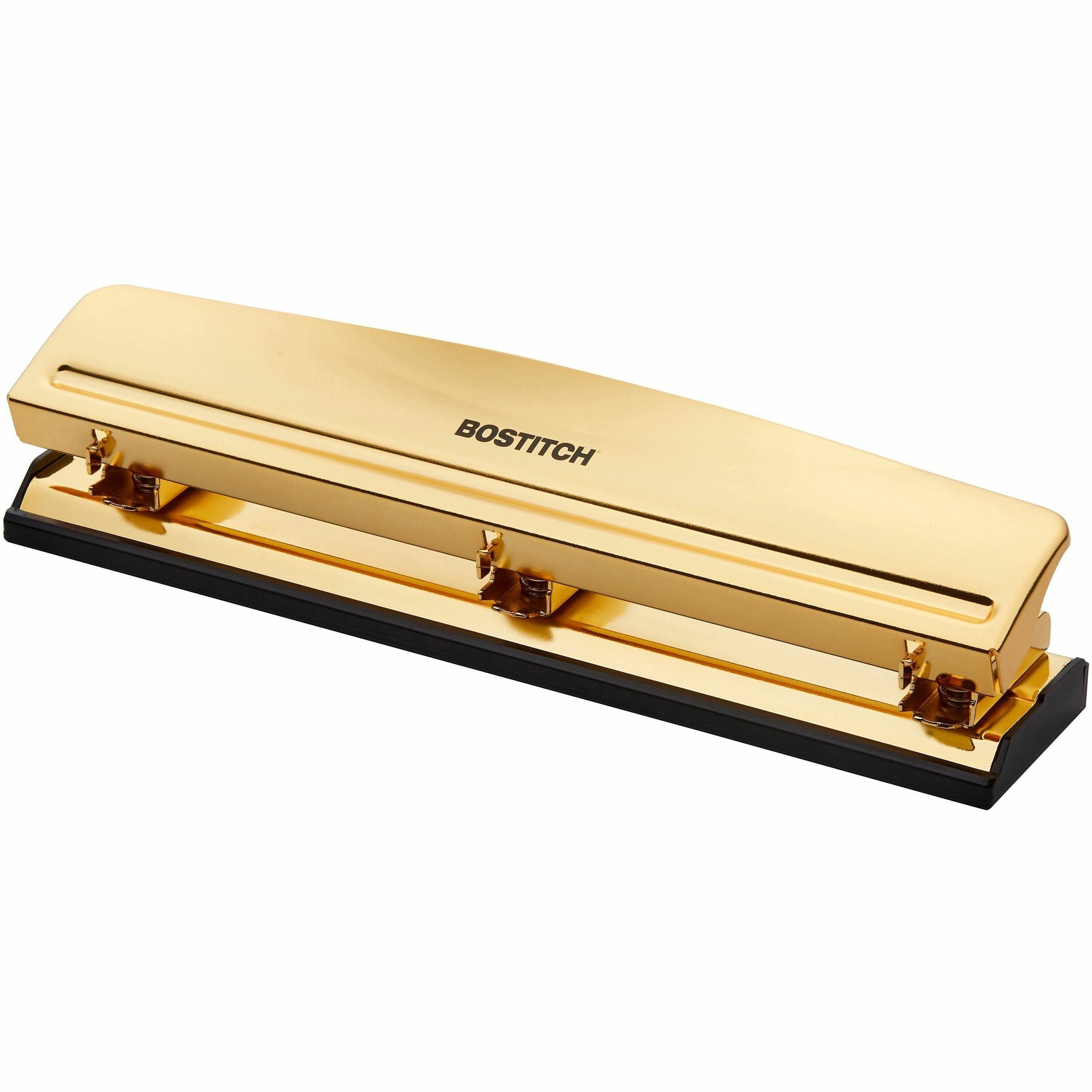 Bostitch 3-hole Punch - 3 Punch Head(s) - 12 Sheet - 9/32" Punch Size - Metal, Rubber - 2.5" x 10.6" - Yellow, Gold - 1