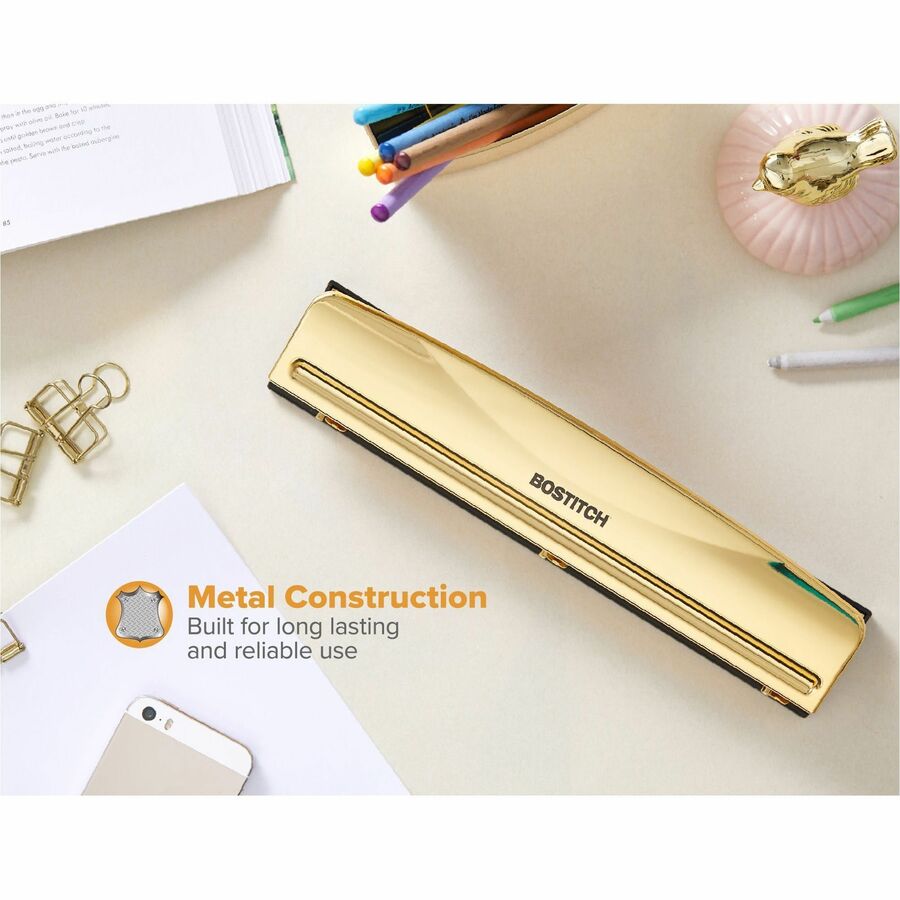 Bostitch 3-hole Punch - 3 Punch Head(s) - 12 Sheet - 9/32" Punch Size - Metal, Rubber - 2.5" x 10.6" - Yellow, Gold