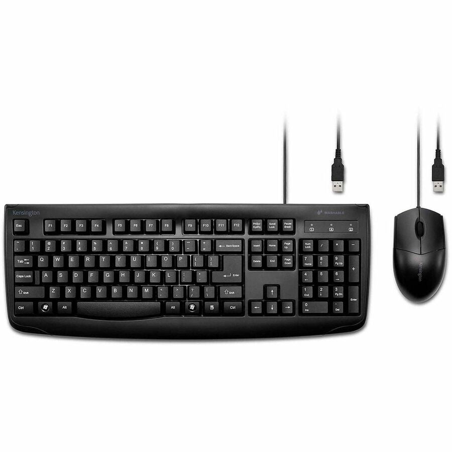 Kensington Pro Fit Washable Wired Desktop Set - USB Cable Keyboard - 104 Key - USB Cable Mouse - Optical - 1600 dpi - 3 Button - Rugged - Scroll Wheel - Symmetrical