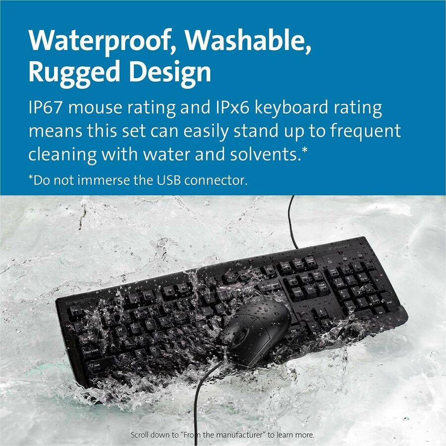 Kensington Pro Fit Washable Wired Desktop Set - USB Cable Keyboard - 104 Key - USB Cable Mouse - Optical - 1600 dpi - 3 Button - Rugged - Scroll Wheel - Symmetrical