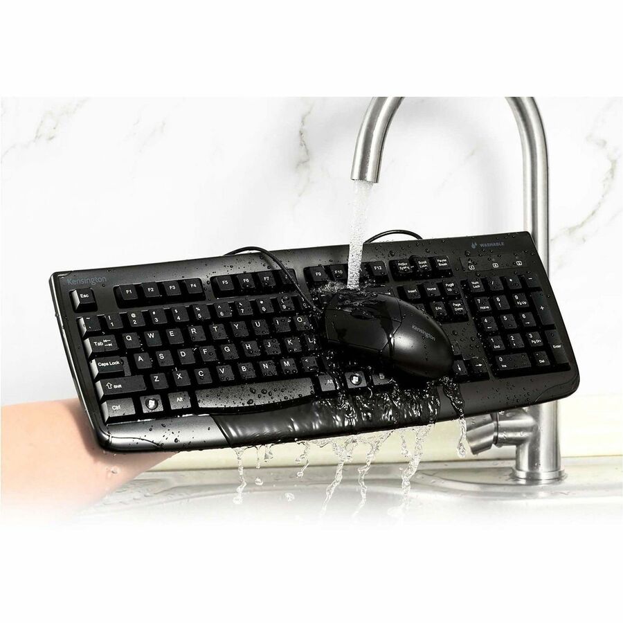Kensington Pro Fit Washable Wired Desktop Set - USB Cable Keyboard - 104 Key - USB Cable Mouse - Optical - 1600 dpi - 3 Button - Rugged - Scroll Wheel - Symmetrical