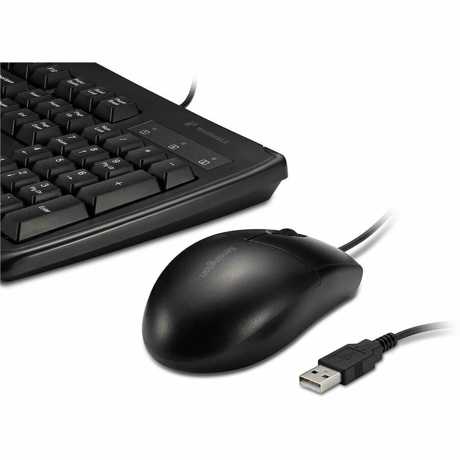 Kensington Pro Fit Washable Wired Desktop Set - USB Cable Keyboard - 104 Key - USB Cable Mouse - Optical - 1600 dpi - 3 Button - Rugged - Scroll Wheel - Symmetrical