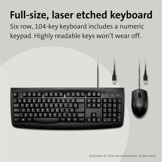 Kensington Pro Fit Washable Wired Desktop Set - USB Cable Keyboard - 104 Key - USB Cable Mouse - Optical - 1600 dpi - 3 Button - Rugged - Scroll Wheel - Symmetrical