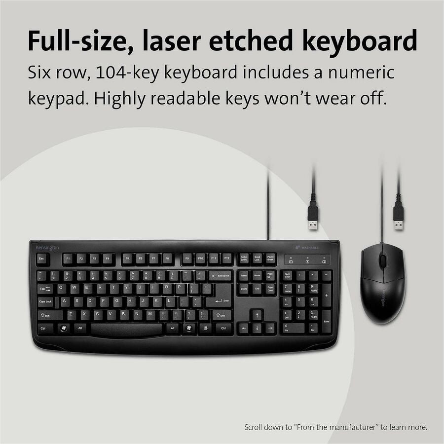 Kensington Pro Fit Washable Wired Desktop Set - USB Cable Keyboard - 104 Key - USB Cable Mouse - Optical - 1600 dpi - 3 Button - Rugged - Scroll Wheel - Symmetrical