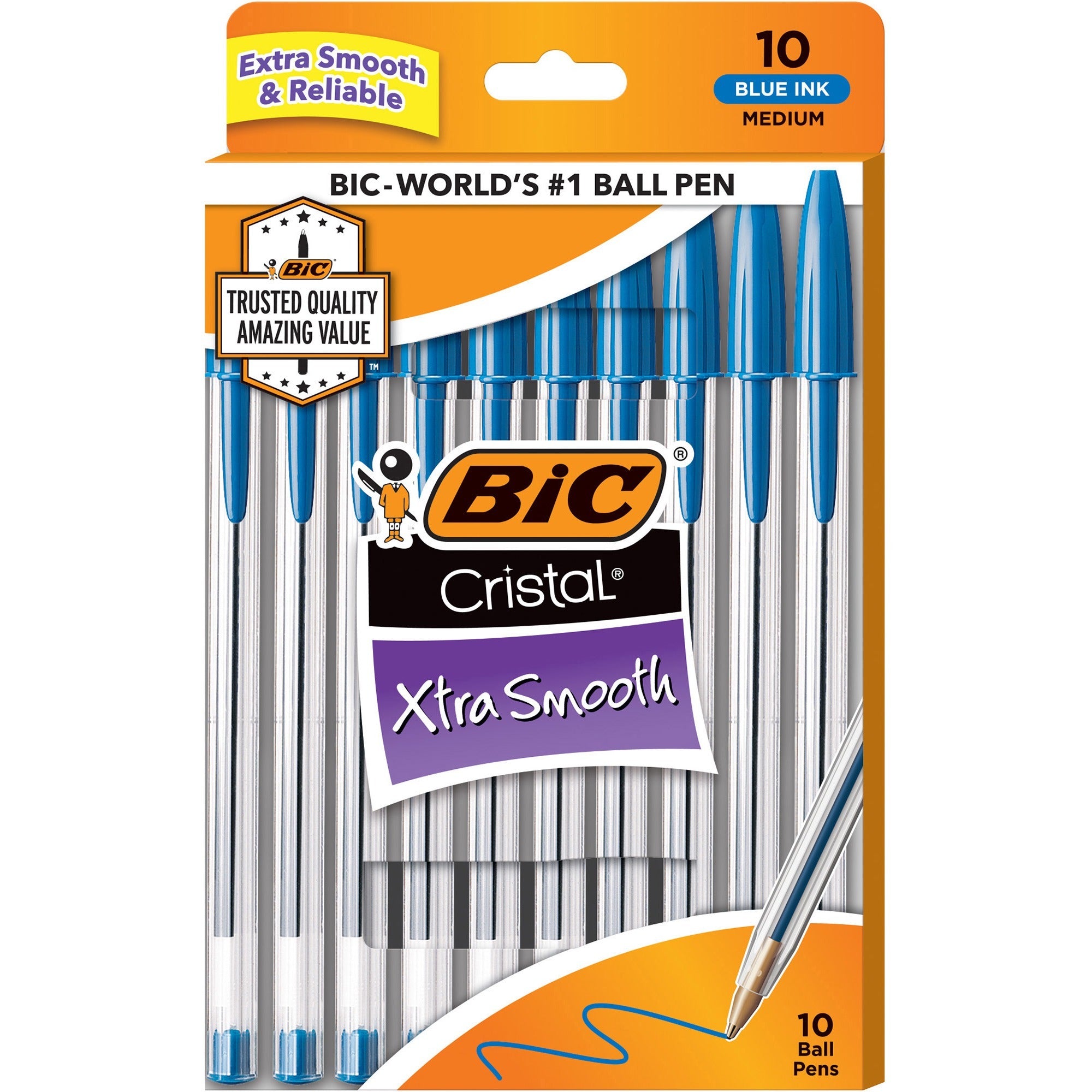 BIC Cristal Ballpoint Stick Pens - Medium Pen Point - Blue - Clear Barrel - 10 / Pack