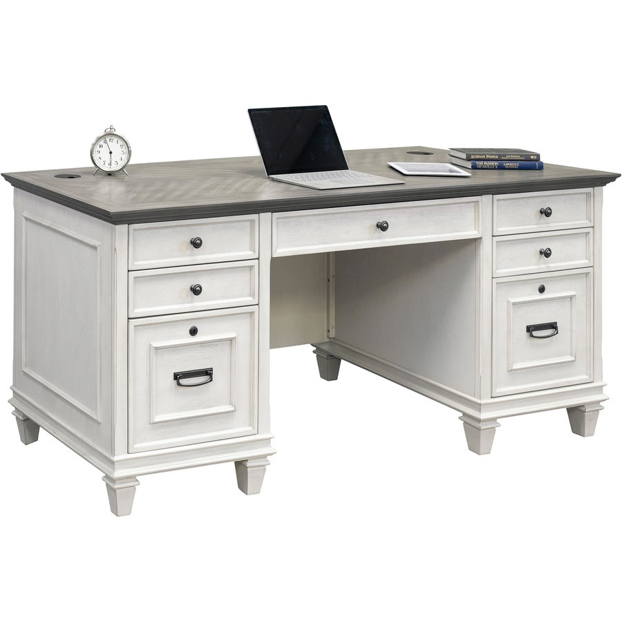 Martin Hartford Double Pedestal Desk - 70" x 30"31" - 7 x Utility, Keyboard, Storage, File Drawer(s) - Double Pedestal on Left/Right Side - Material: Wood Grain, Veneer, Metal, Wire Mesh - Finish: Vintage Linen