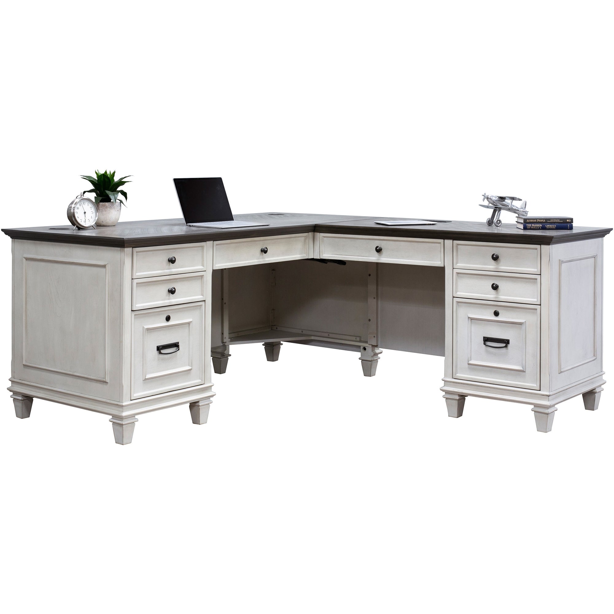 Martin Hartford L-Shape Desk - 4 x Utility, Keyboard, File Drawer(s) - Material: Wood Grain, Veneer - Finish: Vintage Linen