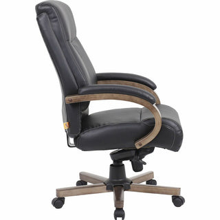 Lorell Executive High-Back Wood Finish Office Chair - Black Leather Seat - Black Leather Back - High Back - Armrest - 1 Each