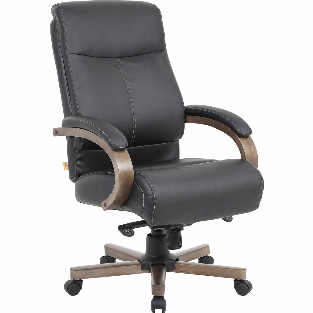 Lorell Executive High-Back Wood Finish Office Chair - Black Leather Seat - Black Leather Back - High Back - Armrest - 1 Each