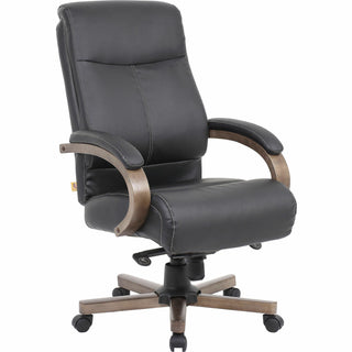 Lorell Executive High-Back Wood Finish Office Chair - Black Leather Seat - Black Leather Back - High Back - Armrest - 1 Each