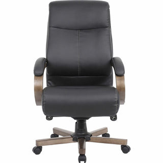 Lorell Executive High-Back Wood Finish Office Chair - Black Leather Seat - Black Leather Back - High Back - Armrest - 1 Each