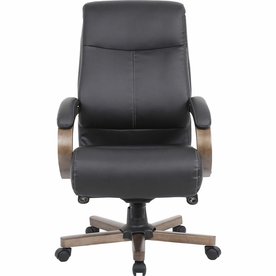 Lorell Executive High-Back Wood Finish Office Chair - Black Leather Seat - Black Leather Back - High Back - Armrest - 1 Each