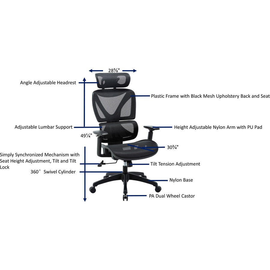 Lorell High-back Mesh Chair - Black Mesh Seat - Black Mesh Back - Plastic Frame - High Back - 5-star Base - Armrest - 1 Each
