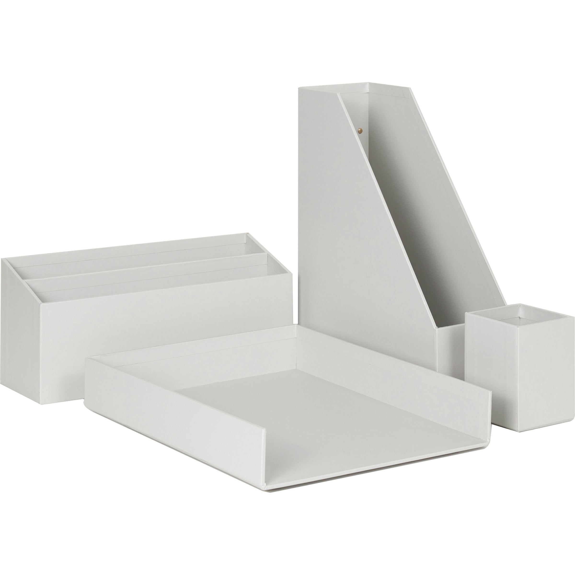 Four-Piece Desk Organization Kit, Magazine Holder/Paper Tray/Pencil Cup/Storage Bin, Chipboard, Gray