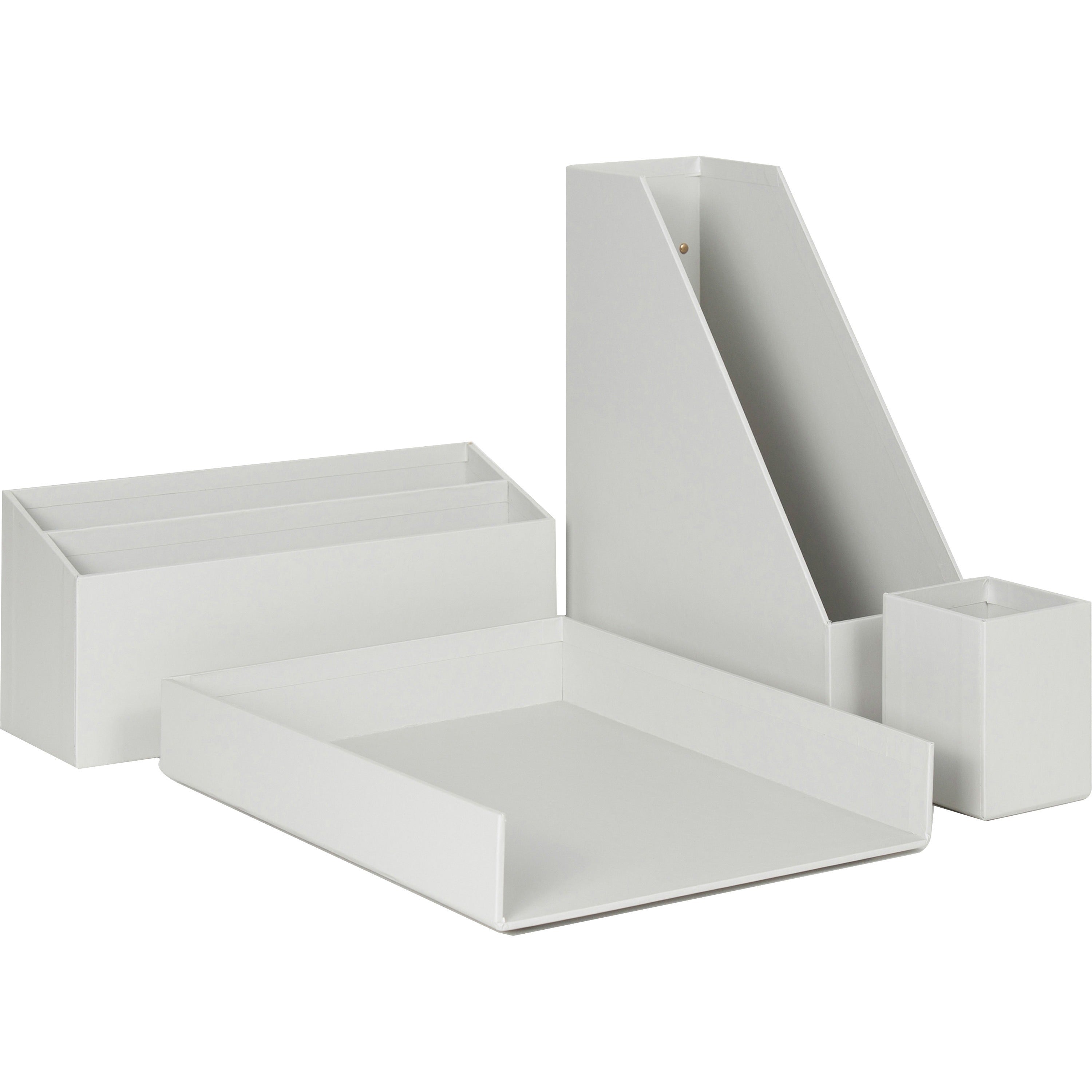 Four-Piece Desk Organization Kit, Magazine Holder/Paper Tray/Pencil Cup/Storage Bin, Chipboard, Gray