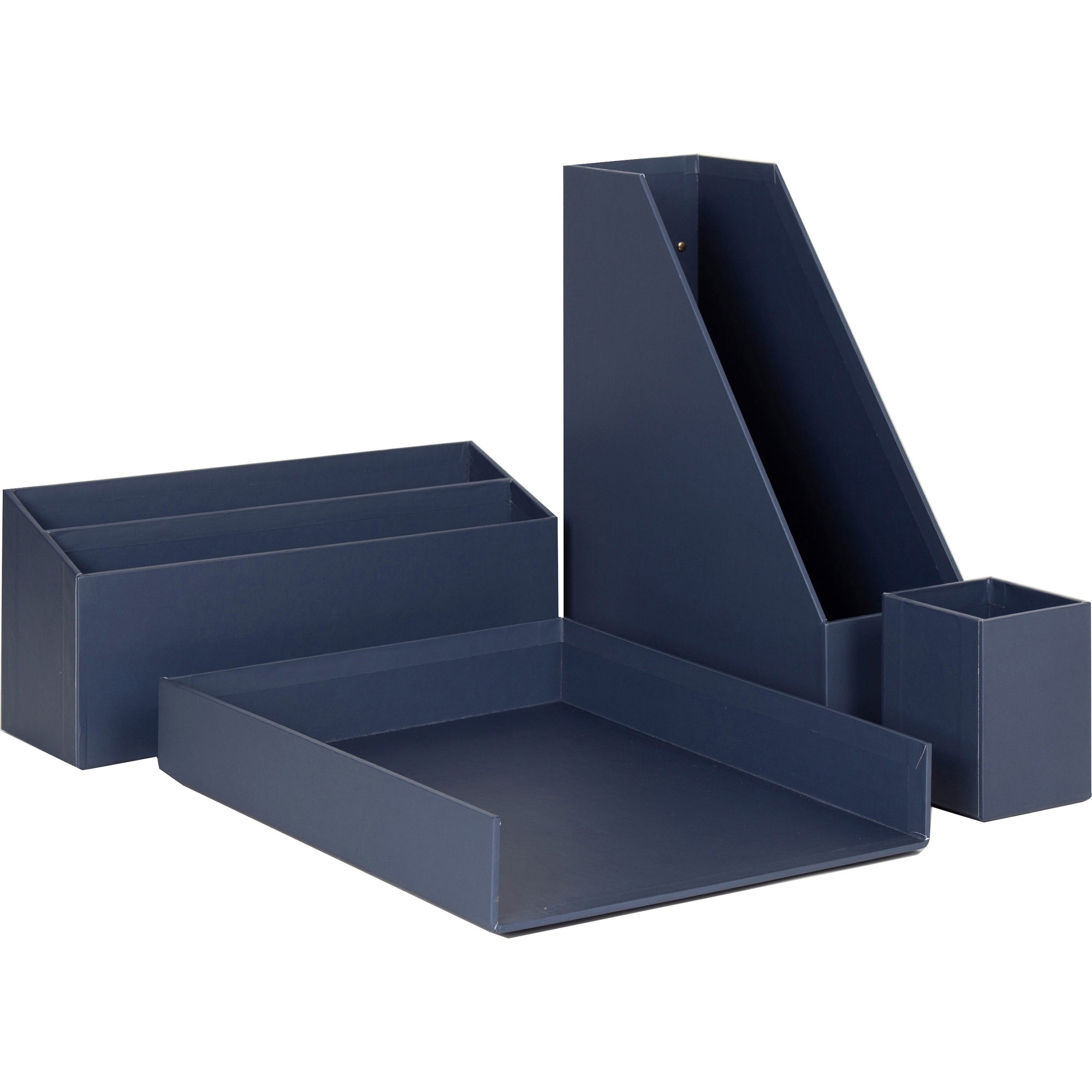 Four-Piece Desk Organization Kit, Magazine Holder/Paper Tray/Pencil Cup/Storage Bin, Chipboard, Navy