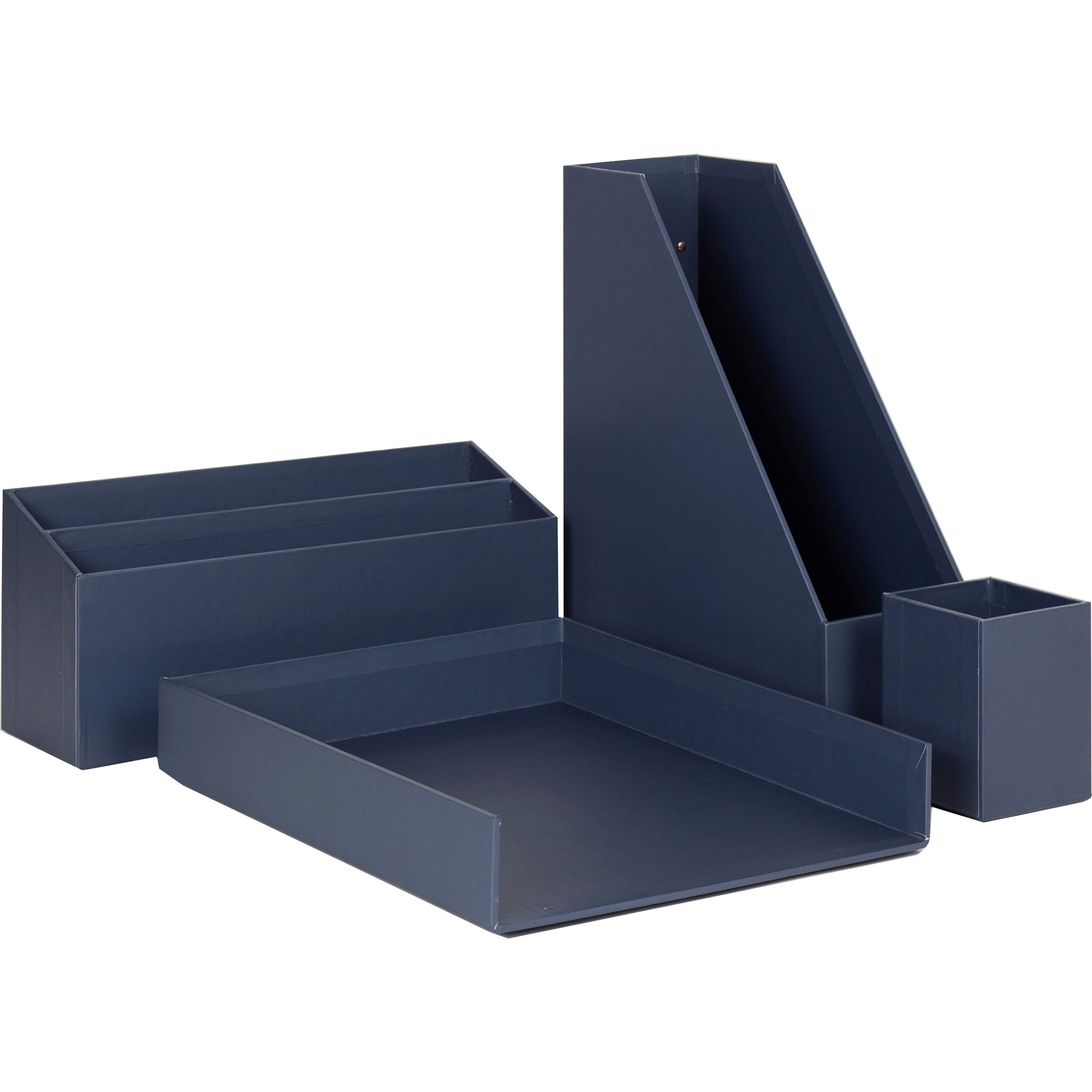 Four-Piece Desk Organization Kit, Magazine Holder/Paper Tray/Pencil Cup/Storage Bin, Chipboard, Navy