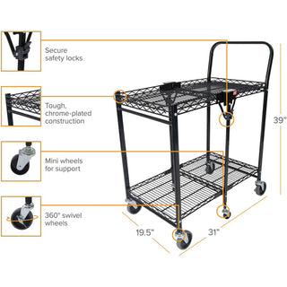 Stowaway Folding Carts, Metal, 2 Shelves, 250 lb Capacity, 29.63" x 37.25" x 18", Black