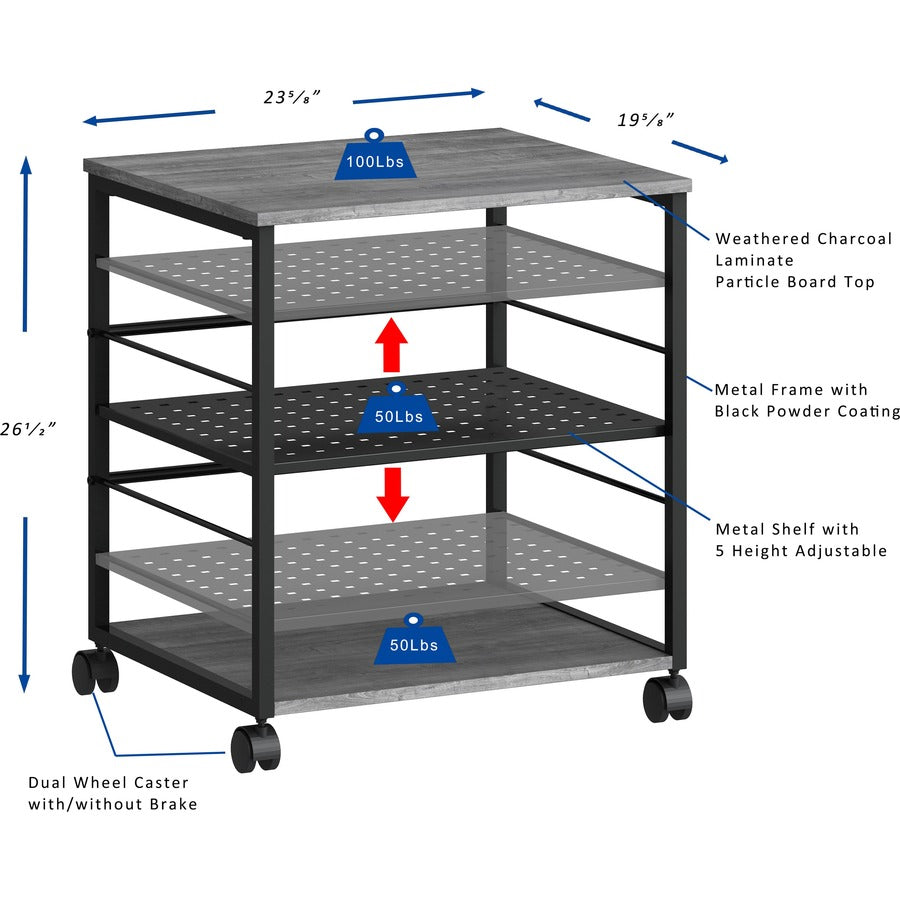 Lorell Deskside Mobile Machine Stand - 200 lb Load Capacity - 26.5" Height x 23.6" Width x 19.6" Depth - Desk - Powder Coated - Metal, Laminate, Polyvinyl Chloride (PVC) - Charcoal, Black