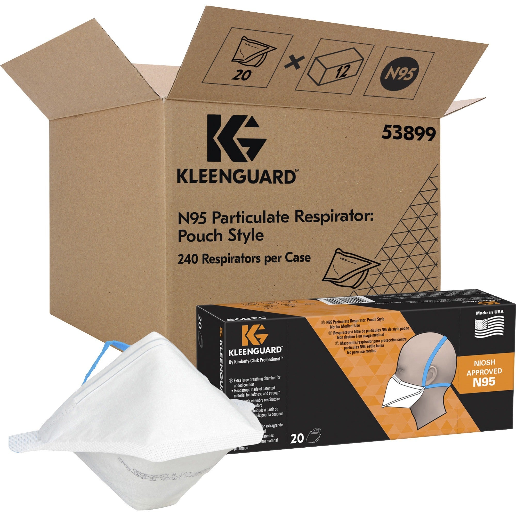 kleenguard-n95-pouch-respirator-recommended-for-face-regular-size-white-blue-comfortable-breathable-adjustable-nose-piece-lightweight-foldable-head-strap-particle-filtration-efficiency-pfe-12-carton_kcc53899ct - 1