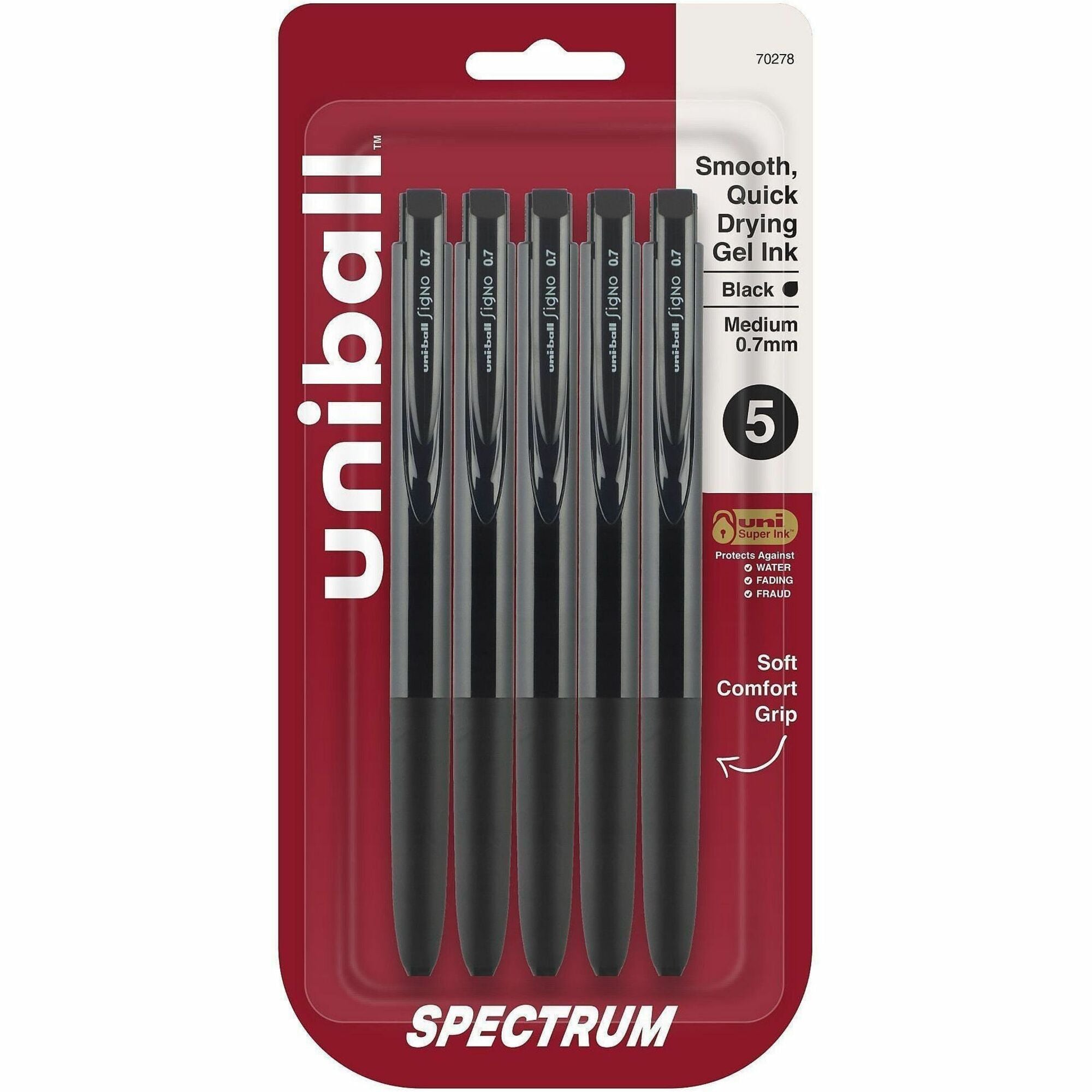 uni Spectrum Gel Pen - Medium Pen Point - 0.7 mm Pen Point Size - Refillable - Retractable - Multicolor Pigment-based, Gel-based Ink - Black Plastic, Rubberized Barrel - 5 / Pack