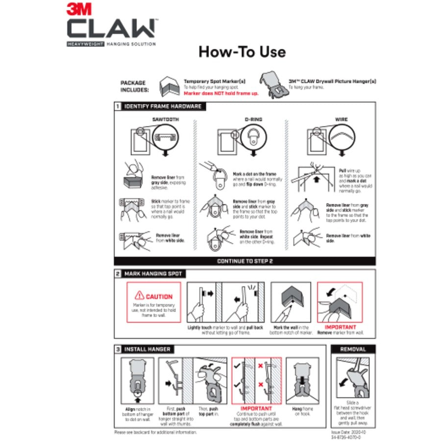 3M CLAW Drywall Picture Hanger - 65 lb (29.48 kg) Capacity - 2" Length - for Pictures, Project, Mirror, Frame, Home, Decoration - Steel - Gray - 2 / Pack