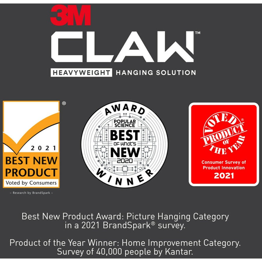 3M CLAW Drywall Picture Hanger - 65 lb (29.48 kg) Capacity - 2" Length - for Pictures, Project, Mirror, Frame, Home, Decoration - Steel - Gray - 2 / Pack