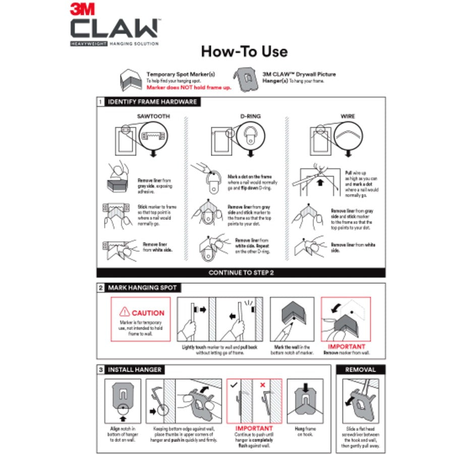 3M CLAW Drywall Picture Hanger - 45 lb (20.41 kg), 25 lb (11.34 kg), 15 lb (6.80 kg) Capacity - 2" Length - for Pictures, Project, Mirror, Frame, Home, Decoration - Steel - Gray - 10 / Pack