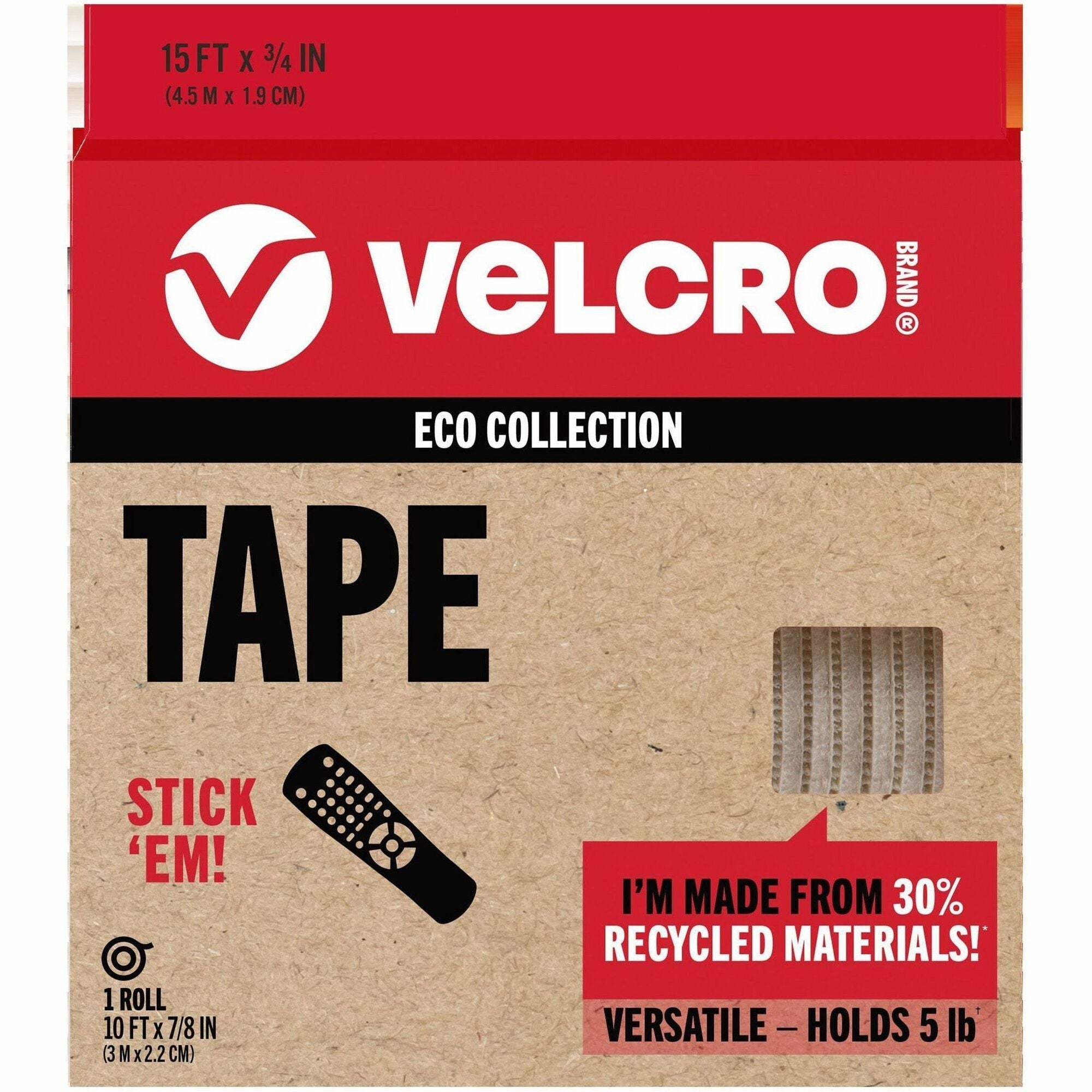 VELCRO Eco Collection Adhesive Backed Tape - 10 ft Length x 0.88" Width - 1 Each - White