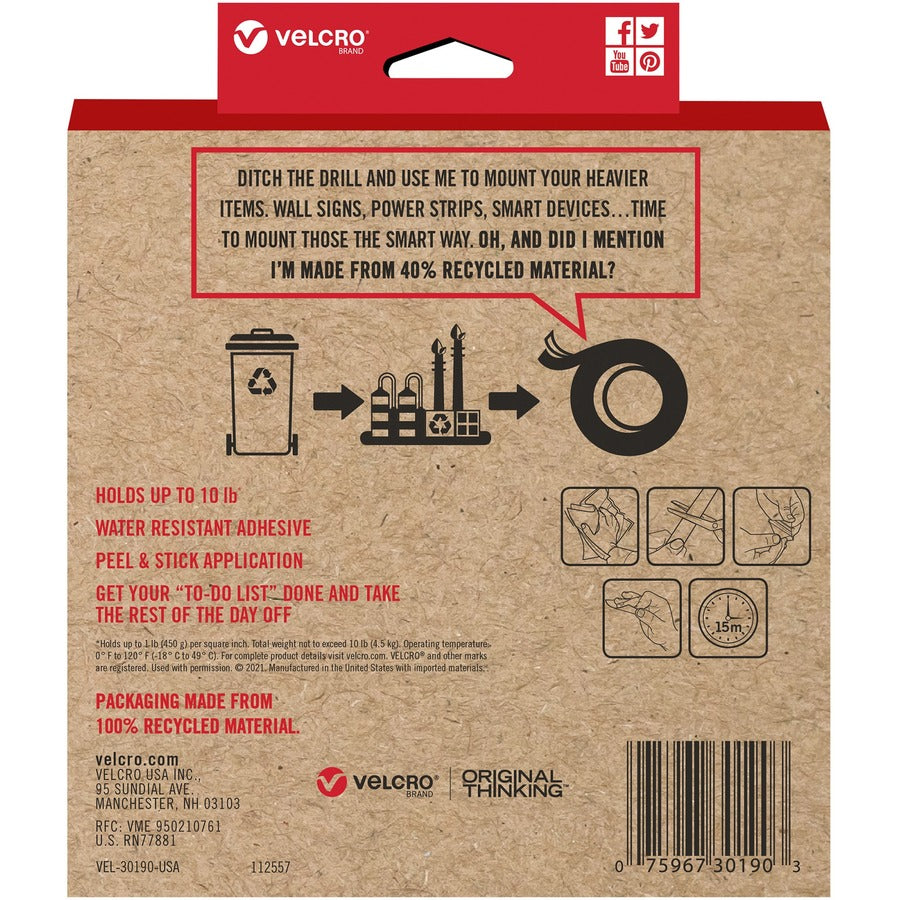 VELCRO Eco Collection Adhesive Backed Tape - 8 ft Length x 1.88" Width - 1 Each - Black