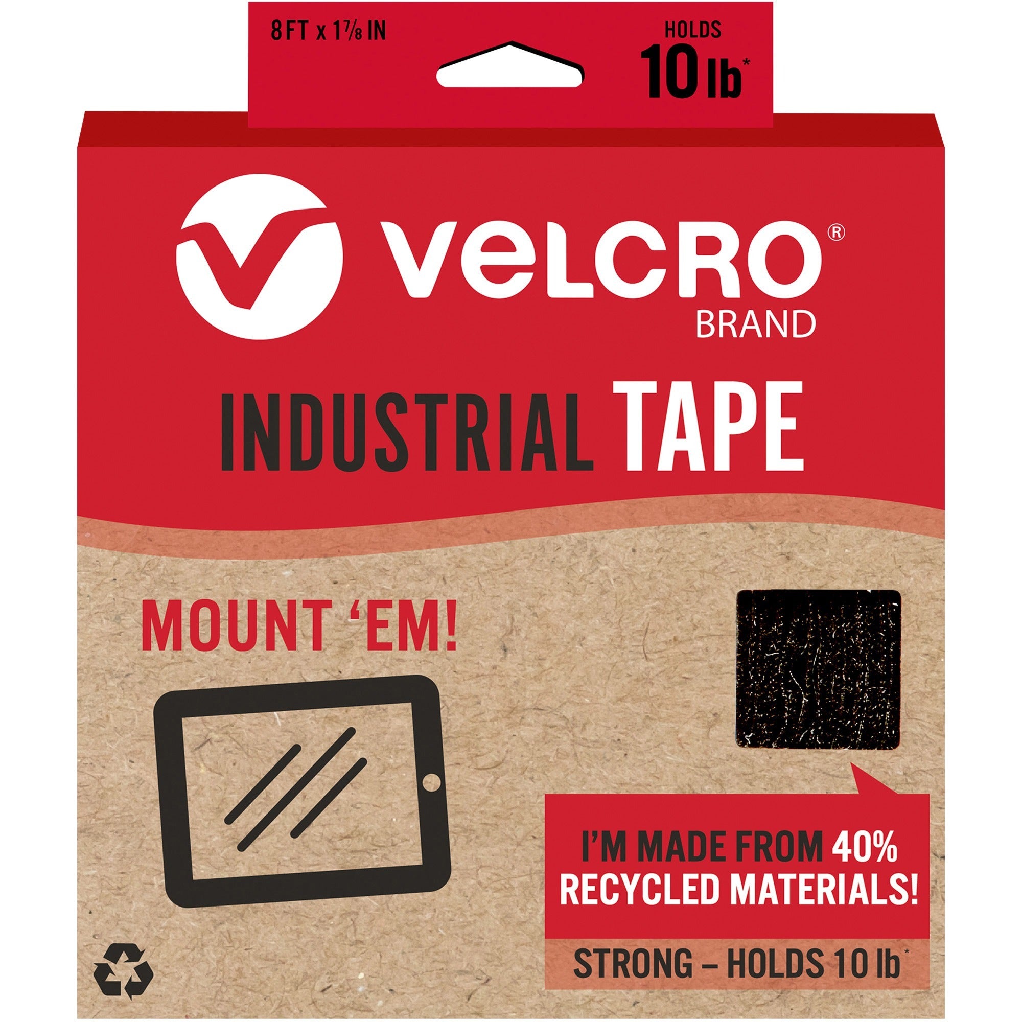 VELCRO Eco Collection Adhesive Backed Tape - 8 ft Length x 1.88" Width - 1 Each - Black