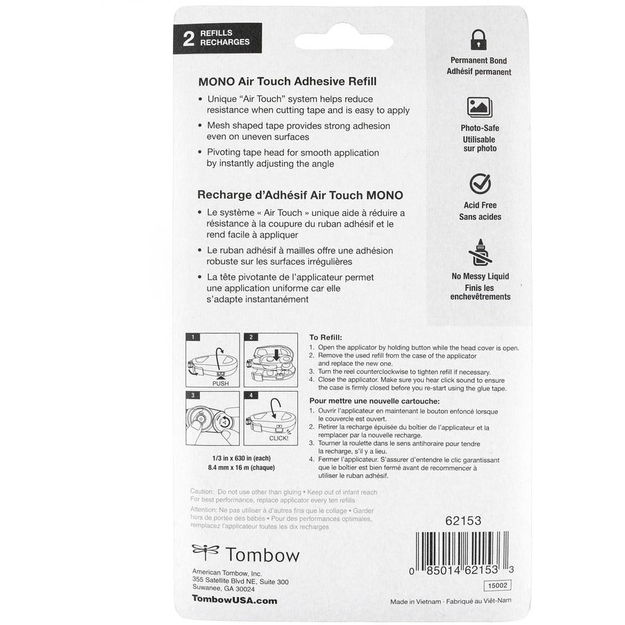 Tombow Mono Air Touch Net Tape Dispenser Refill - 17.50 yd Length x 0.33" Width - 2 / Pack - White