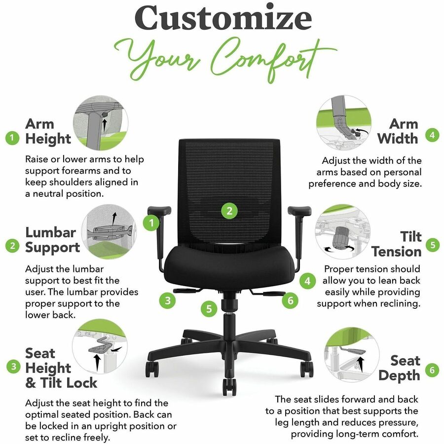 Convergence Mid-Back Task Chair, Synchro-Tilt and Seat Glide, Supports Up to 275 lb, Black