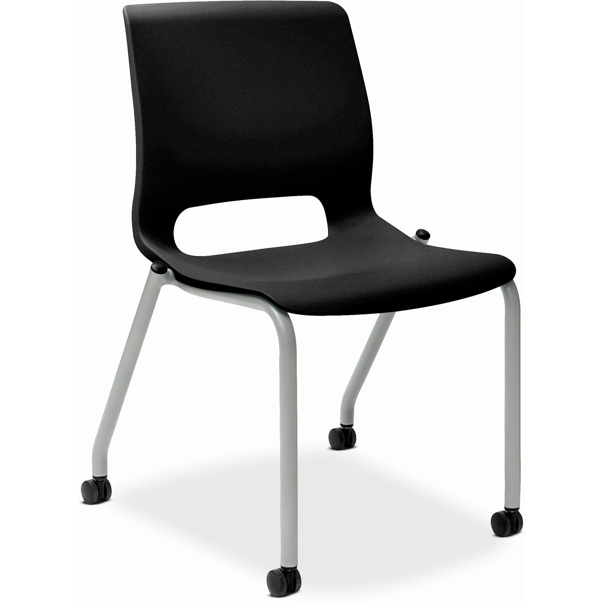 Motivate Four-Leg Stacking Chair with Plastic Seat, Supports 300 lb, 17.75" Seat Height, Onyx Seat/Back, Platinum Base, 2/CT