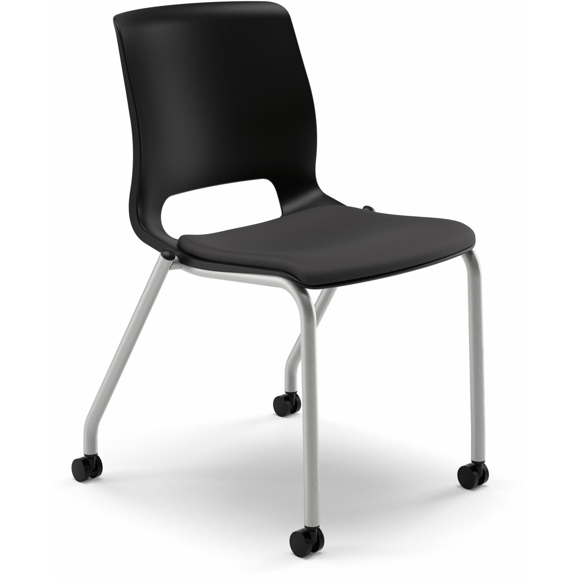 Motivate Four-Leg Stacking Chair, Supports 300 lb, 18.25" Seat Height, Onyx Fabric Seat, Black Back, Platinum Base, 2/Carton