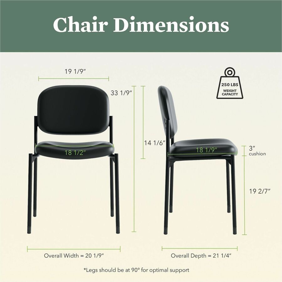 VL606 Stacking Guest Chair without Arms, Bonded Leather Upholstery, 21.25" x 21" x 32.75", Black Seat, Black Back, Black Base