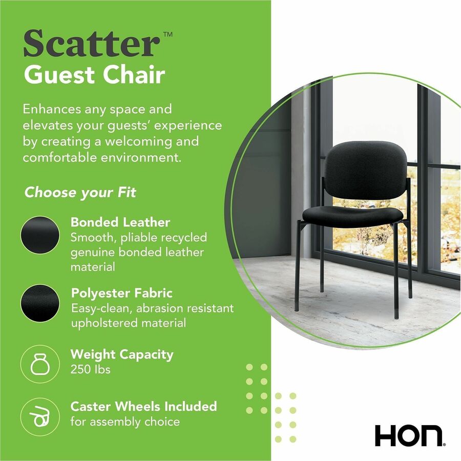 VL606 Stacking Guest Chair without Arms, Bonded Leather Upholstery, 21.25" x 21" x 32.75", Black Seat, Black Back, Black Base