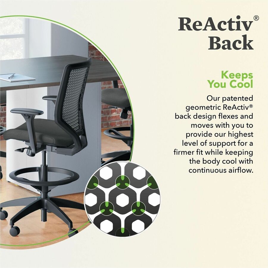 Solve Series ReActiv Back Task Stool, Supports Up to 300 lb, 23" to 33" Seat Height, Ink Seat, Charcoal Back, Black Base