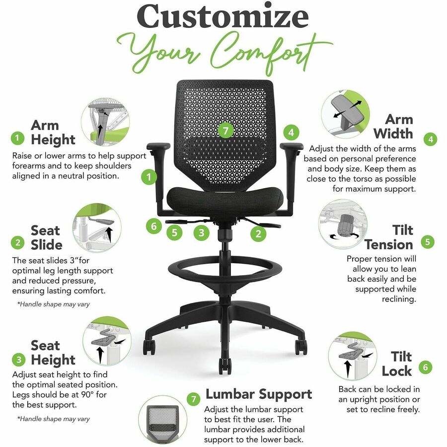 Solve Series ReActiv Back Task Stool, Supports Up to 300 lb, 23" to 33" Seat Height, Ink Seat, Charcoal Back, Black Base
