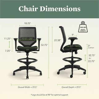 Solve Series ReActiv Back Task Stool, Supports Up to 300 lb, 23" to 33" Seat Height, Ink Seat, Charcoal Back, Black Base