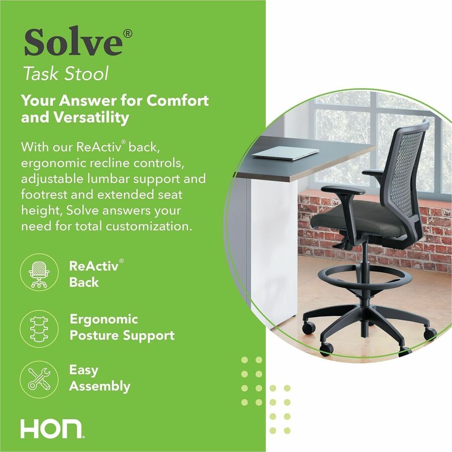 Solve Series ReActiv Back Task Stool, Supports Up to 300 lb, 23" to 33" Seat Height, Ink Seat, Charcoal Back, Black Base
