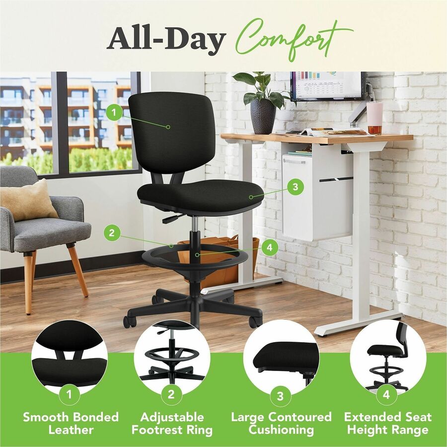 Volt Series Leather Adjustable Task Stool, Supports Up to 275 lb, 22.88" to 32.38" Seat Height, Black