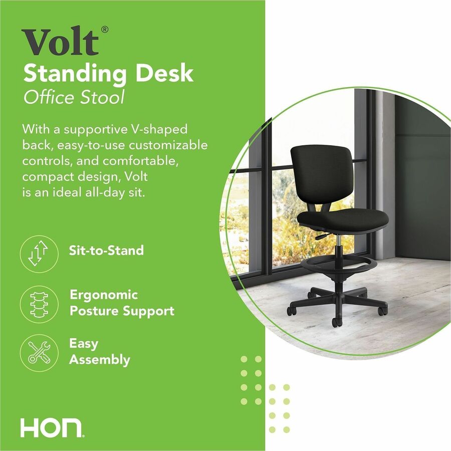 Volt Series Leather Adjustable Task Stool, Supports Up to 275 lb, 22.88" to 32.38" Seat Height, Black