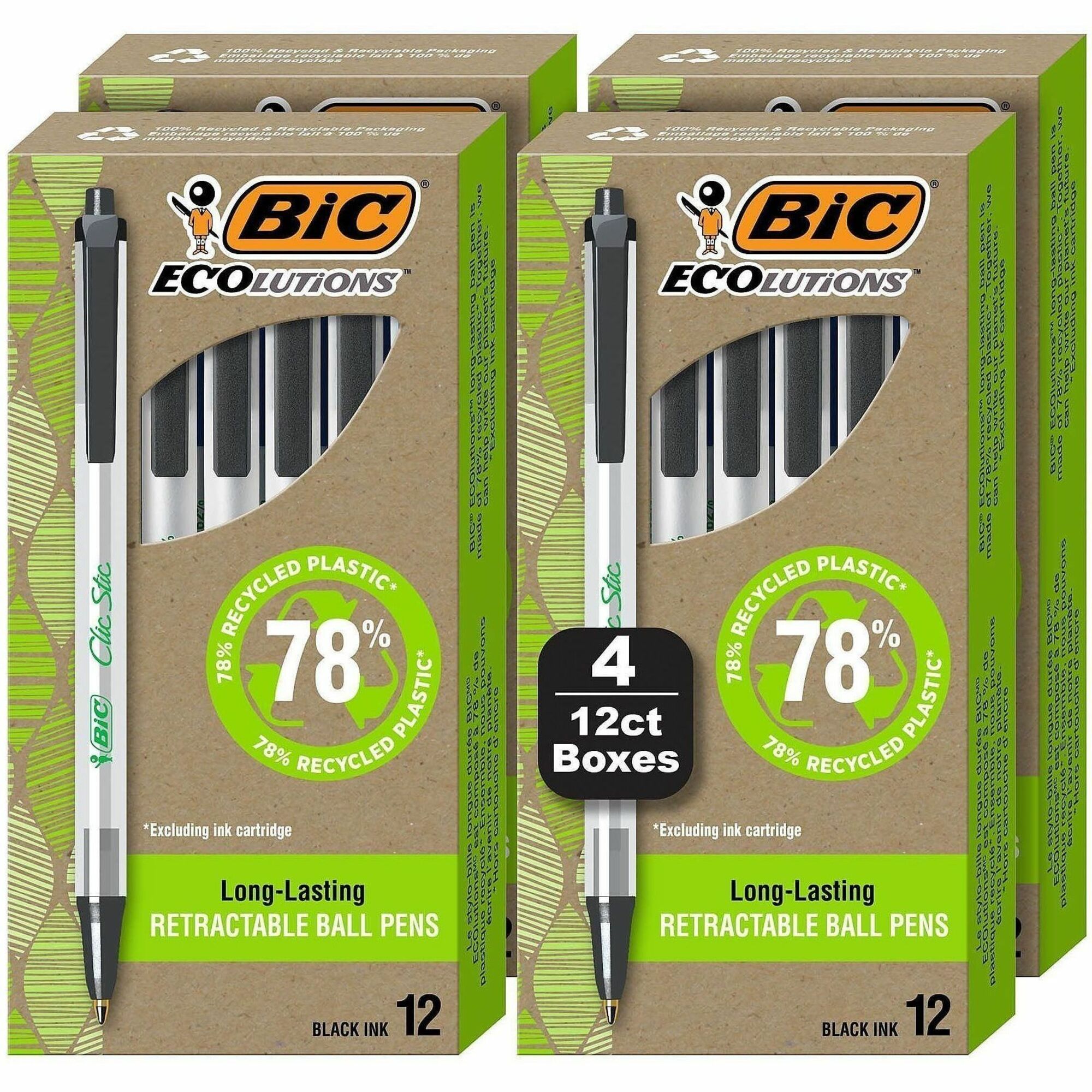 ReVolution Clic Stic Ballpoint Pen, Retractable, Medium 1 mm, Black Ink, Translucent Frost/Black Barrel, 48/Pack