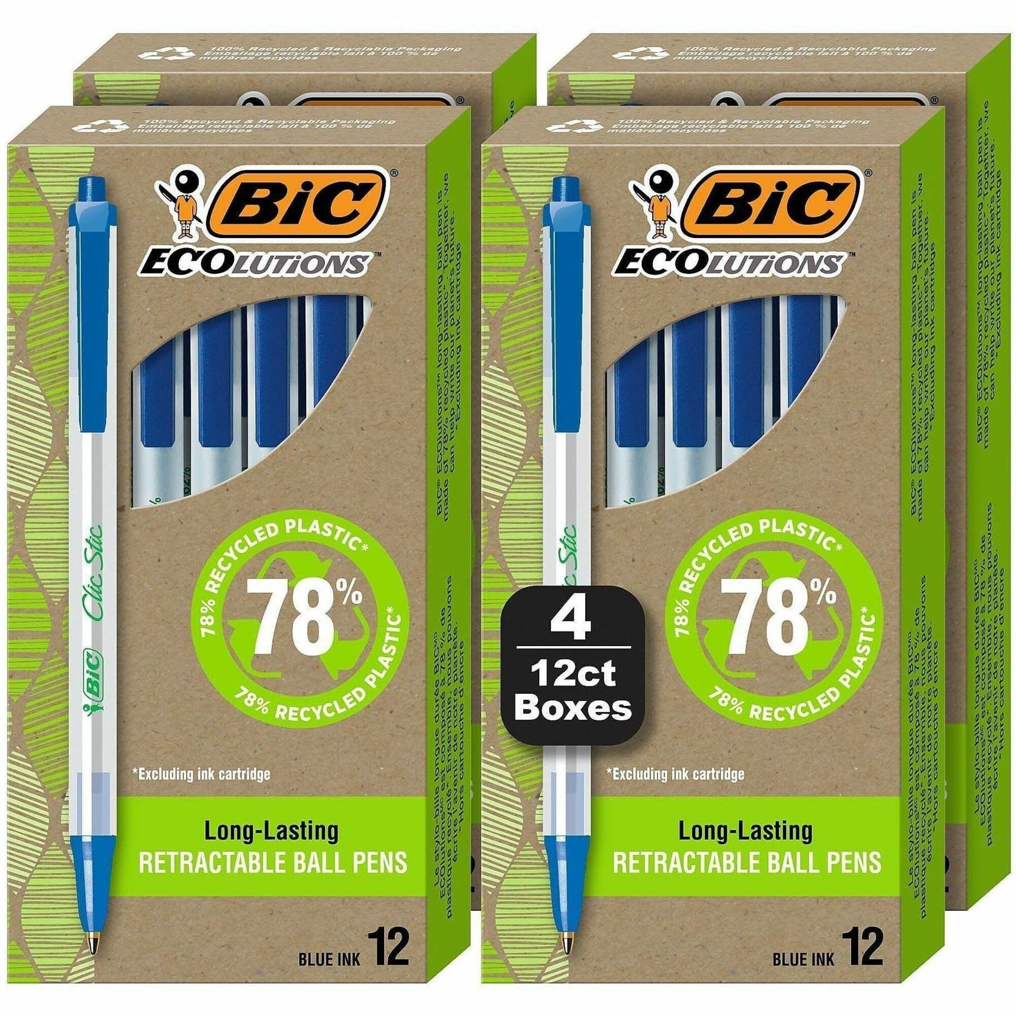 ReVolution Clic Stic Ballpoint Pen, Retractable, Medium 1 mm, Blue Ink, Translucent Frost/Blue Barrel, 48/Pack