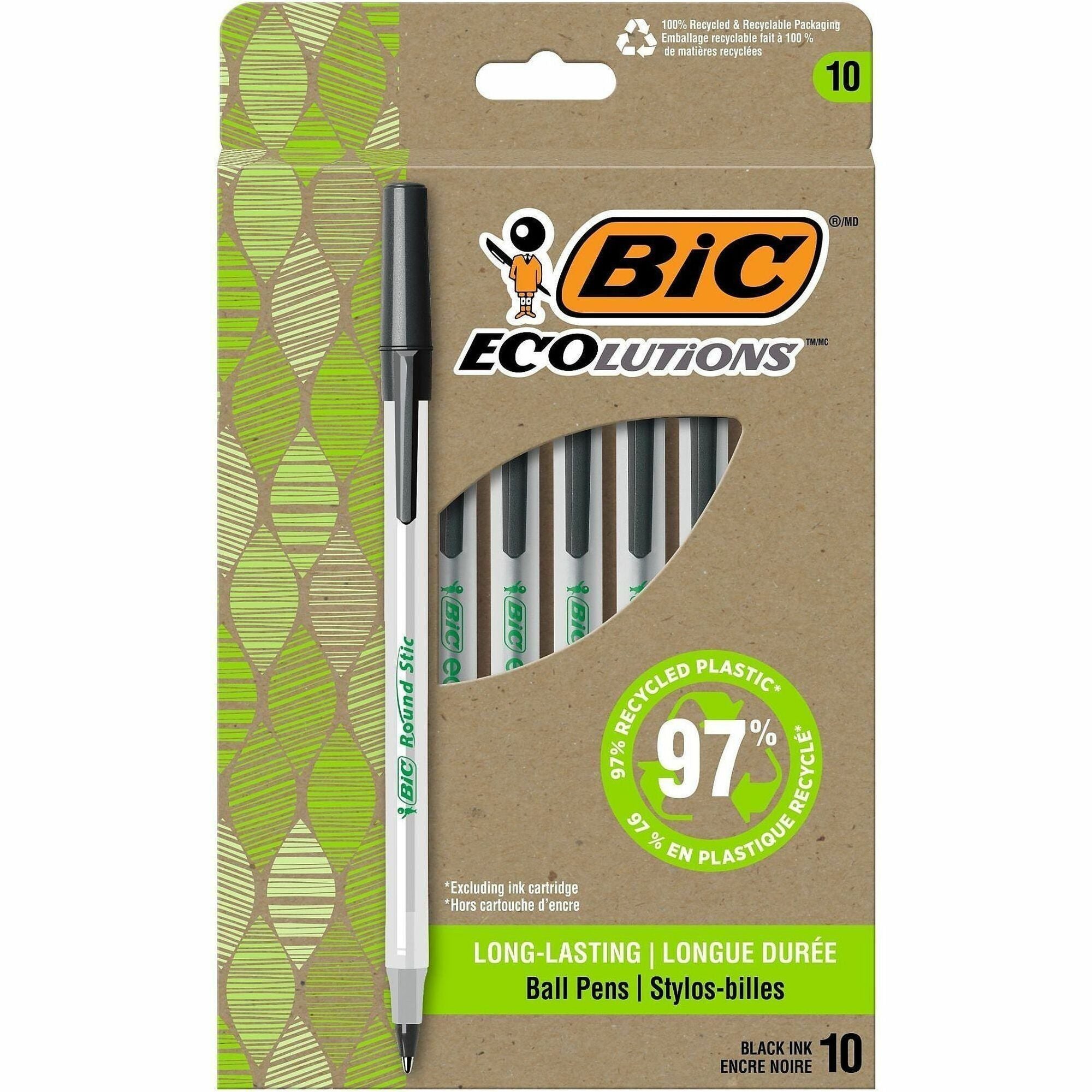 BIC Ecolutions Round Stic Ball Point Pen - Medium Pen Point - 1 mm Pen Point Size - Black - Semi-transparent Barrel - 10 / Pack